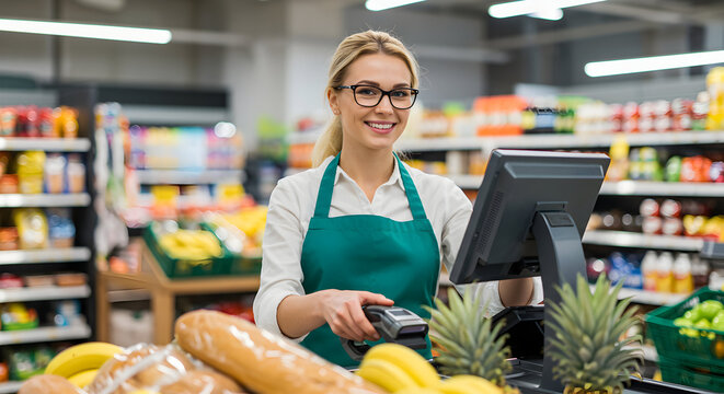 Friendly supermarket cashier smiling and processing payment at checkout counter, providing excellent customer service and a positive shopping experience.