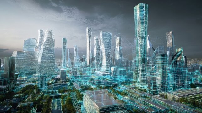 A hyper-modern architect drawing of a smart city with AI-planned layouts and self-sustaining energy grids