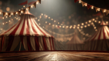 dark atmospheric circus tents with glowing string lights at night, mysterious carnival fairground scene — ideal for halloween posters, eerie event invitations, gothic themed designs, or dramatic story