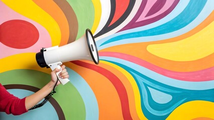 Vibrant Megaphone Against Colorful Swirl Mural Background