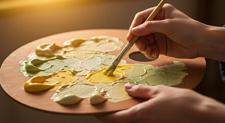 A painter's hands expertly mix vibrant yellow and green oil paints on a wooden palette, creating a stunning masterpiece in progress.