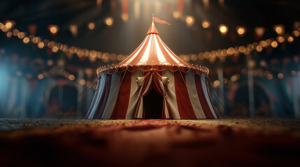 dark atmospheric circus tents with glowing string lights at night, mysterious carnival fairground scene — ideal for halloween posters, eerie event invitations, gothic themed designs, or dramatic story