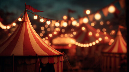 dark atmospheric circus tents with glowing string lights at night, mysterious carnival fairground scene — ideal for halloween posters, eerie event invitations, gothic themed designs, or dramatic story