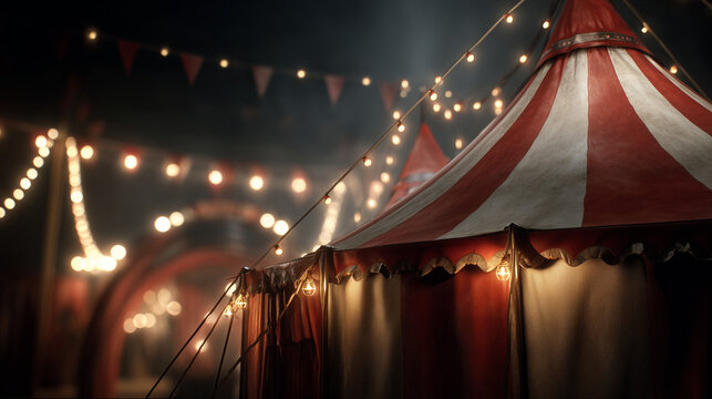dark atmospheric circus tents with glowing string lights at night, mysterious carnival fairground scene — ideal for halloween posters, eerie event invitations, gothic themed designs, or dramatic story