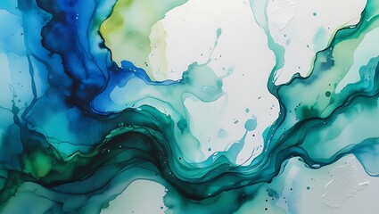 Abstract watercolor artwork featuring flowing shades of blue green and teal liquid paints