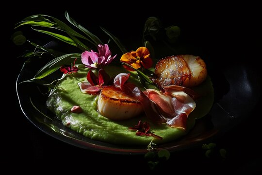 Gourmet dish featuring pan seared scallops on pea puree, garnished with prosciutto and edible flowers, creating a sophisticated culinary experience
