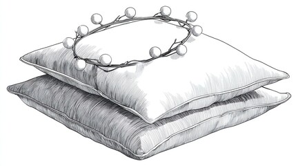 Drawing of Stacked Pillows with Spherical Garland