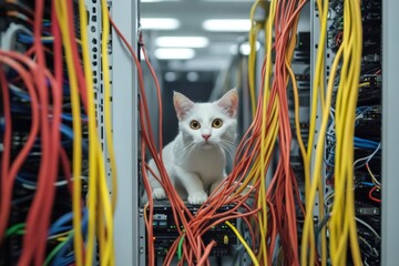 Curious white cat exploring a server room and playing with network cables, causing potential data breach or outage