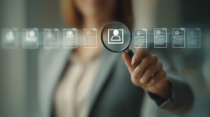 Businesswoman Holding Magnifying Glass To Find Best Employee For Job Vacancy And Interview