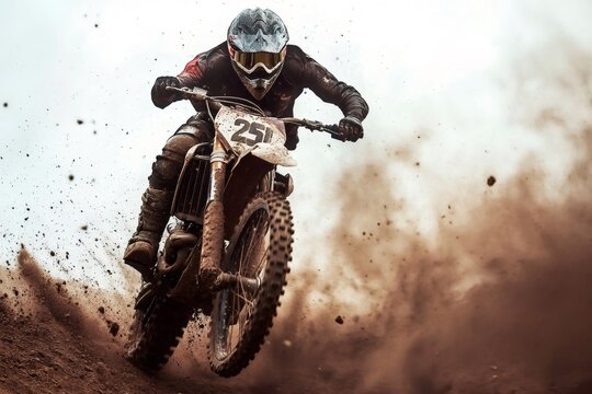 Professional motocross rider speeding across a dirt track, kicking up a massive cloud of dust while showcasing skill and adrenaline fueled action
