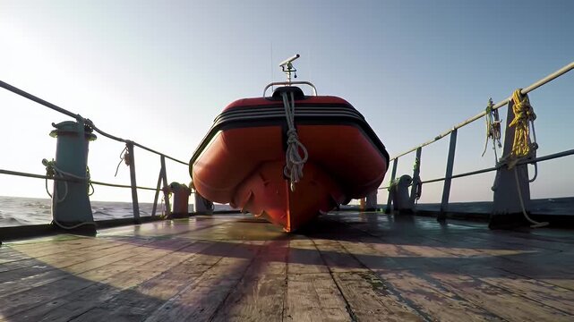 Orange Emergency Inflatable Boat Tied Down on Deck of a Ship Under Clear Blue Skies