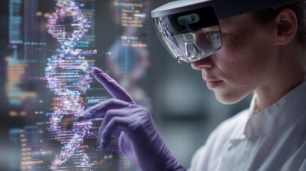 Scientist using augmented reality glasses to analyze a digital DNA helix in a futuristic laboratory environment