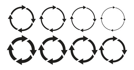 Set of vector icons with four circular arrows. Symbols for refreshing, reloading, recycling, reusing, refilling, and more are isolated on a white background. Circular arrows for web and apps