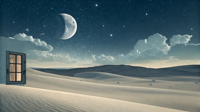 Open window revealing a surreal desert landscape under a vast starry sky with a crescent moon and dramatic clouds