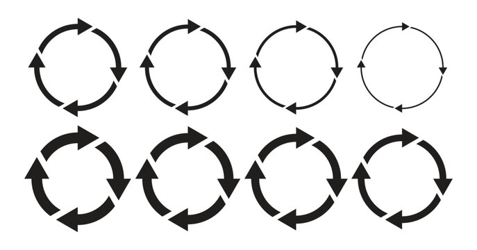 Set of vector icons with four circular arrows. Symbols for refreshing, reloading, recycling, reusing, refilling, and more are isolated on a white background. Circular arrows for web and apps
