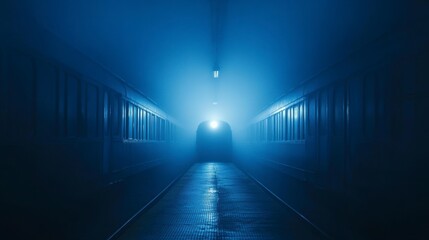 Blue-lit, foggy train platform hallway leading to bright light at the end.