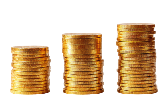 Three stacks of gold coins, progressively taller, against a black background (1)
