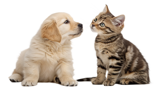 Cute golden retriever puppy and tabby kitten looking at each other adorable pets friendship best friends animals