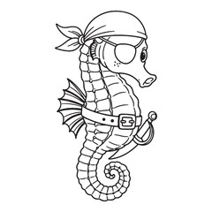 Outlined seahorse pirate with eyepatch and bandana cartoon colouring page