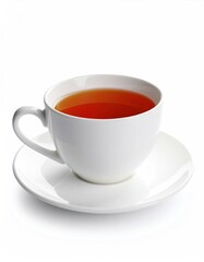 White teacup filled with reddish-brown tea