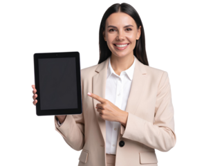 Smiling Businesswoman in Beige Suit Holding Digital Tablet and Pointing – Transparent Background.
