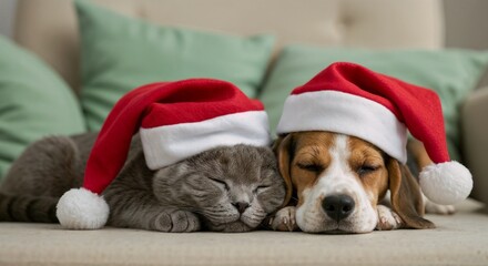 Cat and dog wearing Christmas hats sleeping on a sofa  
