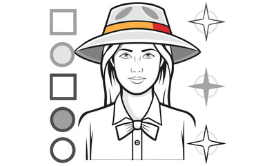 Vintage Woman in Sun Hat Illustration – Retro Female Portraits Line Art Vector Set