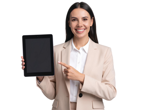 Smiling Businesswoman in Beige Suit Holding Digital Tablet and Pointing – Transparent Background.