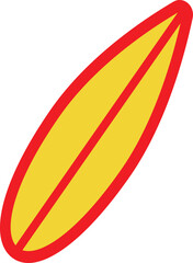 Stylized surfboard icon with bold red outline and vibrant yellow center, symbolizing beach sports, summer vibes, and surfing culture. Perfect for sports graphics, beachwear branding, and travel design