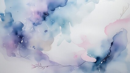 Abstract watercolor painting featuring soft blues pinks and purples with delicate details