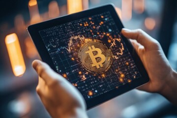 Bitcoin cryptocurrency blockchain technology displayed on digital tablet with glowing data visualization. Modern finance currency investment market concept