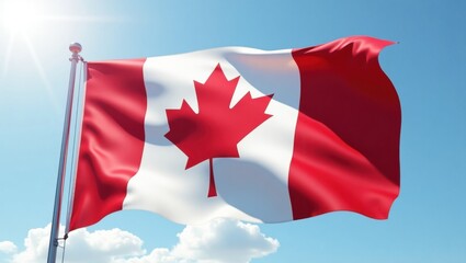 The national flag of Canada flying proudly in the bright blue sky with sunshine