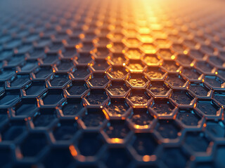 Obraz premium Abstract Honeycomb Tiling, A Captivating Display of Interlocking Hexagons with Shimmering Light Effects and Precise Geometry