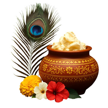 Traditional Makhan Matka with Peacock Feather and Flowers ,Janmashtami Festival Symbol with Flowers