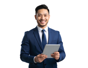 Stylish Businessman Standing with Tablet and Smiling – Transparent Background PNG.