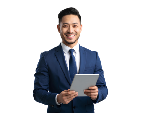 Stylish Businessman Standing with Tablet and Smiling – Transparent Background PNG. - Powered by Adobe