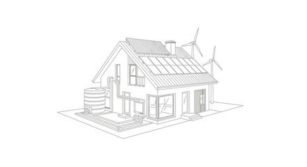 Eco-Friendly House Design: Solar Panels, Wind Turbines, and Water Tank