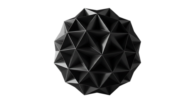 Abstract geometric polyhedron with sharp edges and facets a dark metallic form isolated on white background
