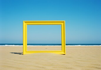 Yellow Picture Frame on Beach Ocean and Sky Framing, Sandy Landscape, Coastal Scene, Summer Vibes, Frame on Sand.