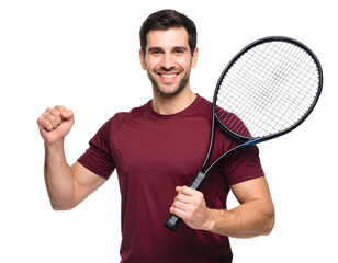 Victorious Male Tennis Player in Red Shirt with Racket Raised – Transparent PNG.