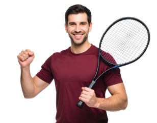 Victorious Male Tennis Player in Red Shirt with Racket Raised – Transparent PNG.
