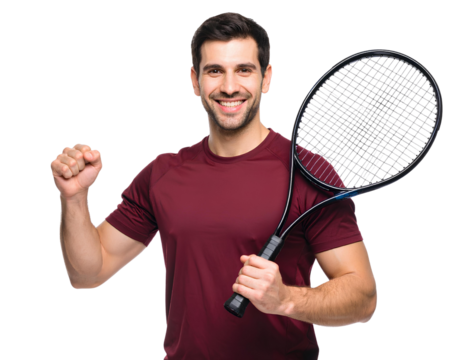 Victorious Male Tennis Player in Red Shirt with Racket Raised – Transparent PNG.
