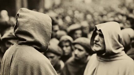 Hooded figures discuss at a historical black and white event