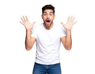 Young Man Expressing Surprise with Raised Eyebrows and Hands Frozen Mid-Air – PNG Cutout.