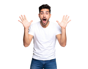 Young Man Expressing Surprise with Raised Eyebrows and Hands Frozen Mid-Air – PNG Cutout.