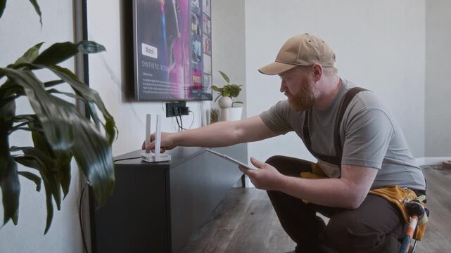 Side view shot of bearded male worker setting up internet router at home and using digital tablet, copy space