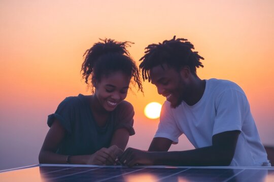 Two engineers smiling while installing solar panels on a rooftop at sunset, embracing renewable energy