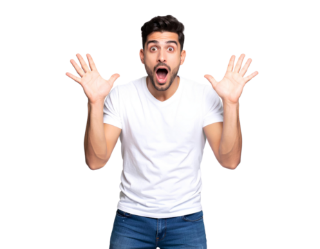 Young Man Expressing Surprise with Raised Eyebrows and Hands Frozen Mid-Air – PNG Cutout. - Powered by Adobe