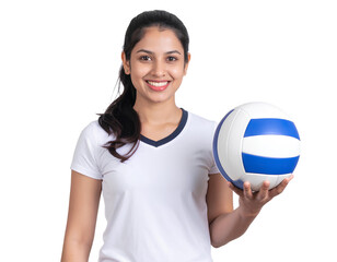 Young Volleyball Athlete in White Shirt Holding Ball and Smiling – Transparent PNG.