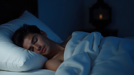 Relaxed Male Sleeping Under Warm Blanket in Dark Bedroom